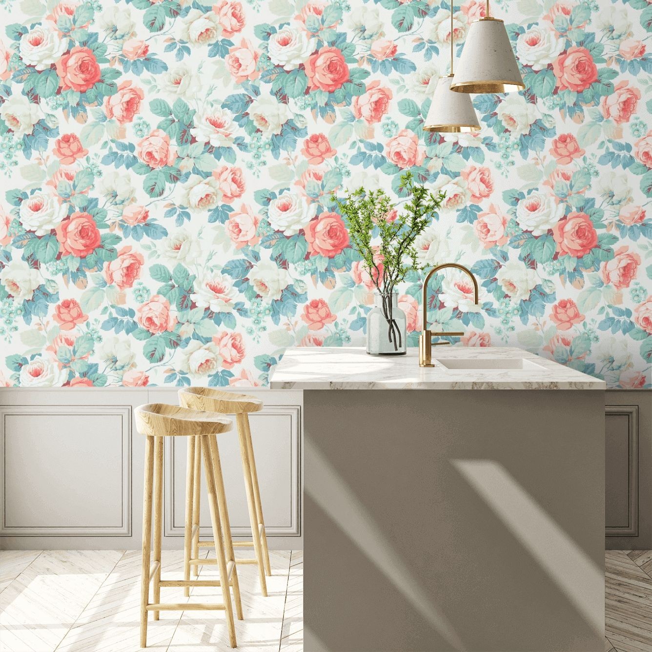 Chelsea Wallpaper - Coral / Emerald - By Sanderson - 214605