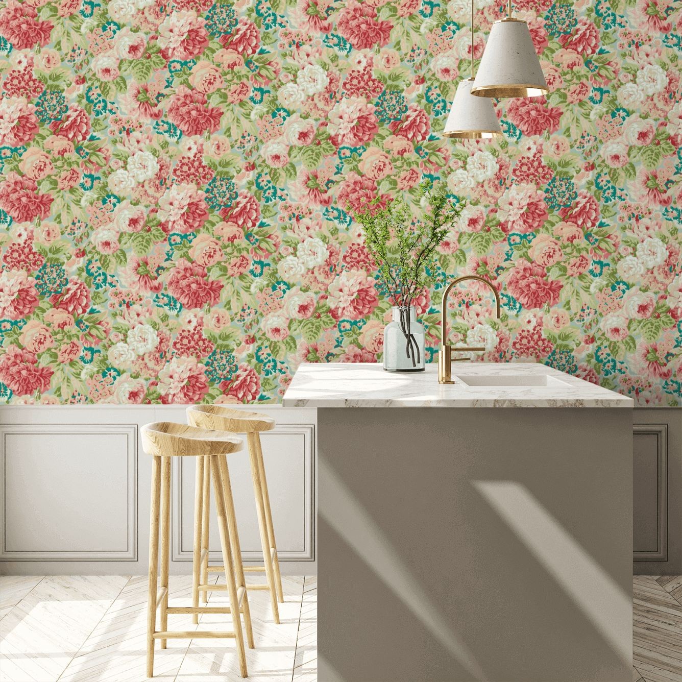 Rose & Peony Wallpaper - Blue Clay/Carmen Lt - By Sanderson - 217029