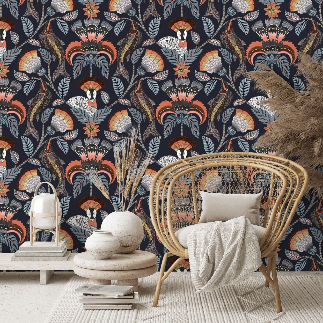 Nene Wallpaper - Terracotta, Cerulean Blue & Heath Grey on Midnight ...