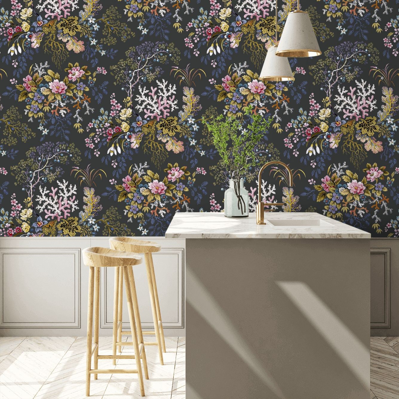 Kilburns Coral Wallpaper - Midnight - By 1838 Wallcoverings - 2311-166-04