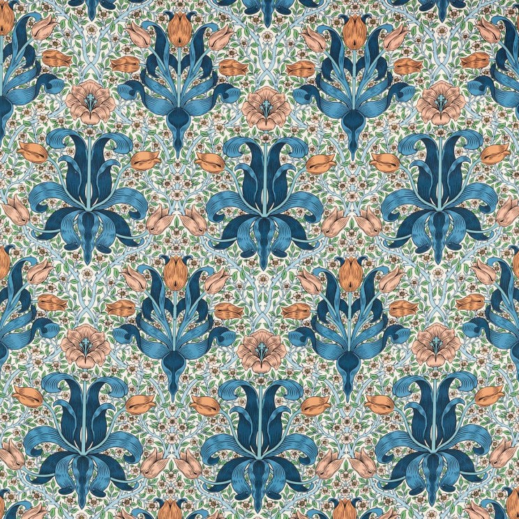 Morris and Co Spring Thicket Paradise Blue/Peach Fabric