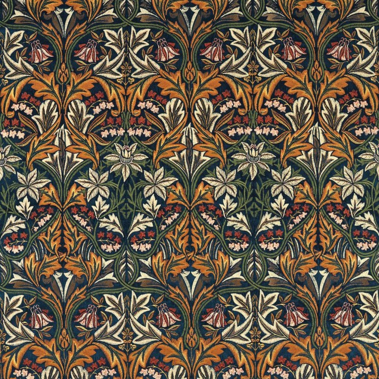 Morris and Co Bluebell Embroidery Indigo/Russet Fabric