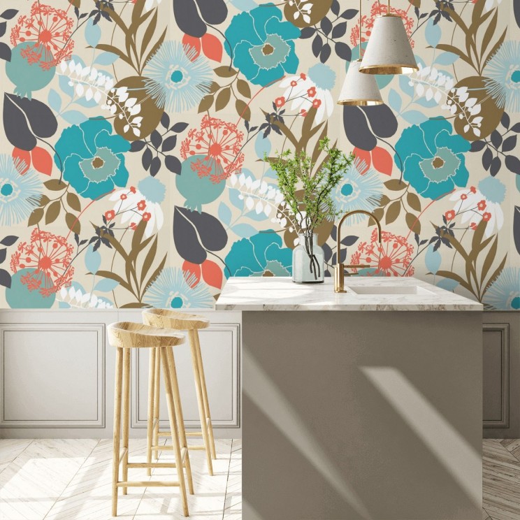 Doyenne Wallpaper - Sky/Olive/Coral - By Harlequin - 111493